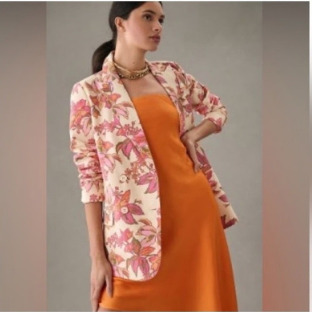 Dolan Left Coast Collection Floral Double Breasted Linen Blend Blazer Pink M